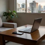Smartphone e notebook em sala brasileira simbolizando apostas online