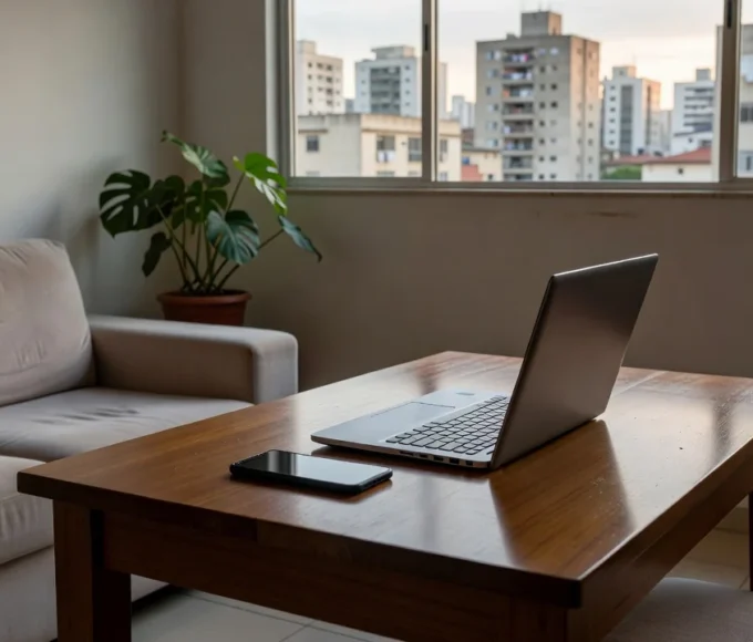 Smartphone e notebook em sala brasileira simbolizando apostas online