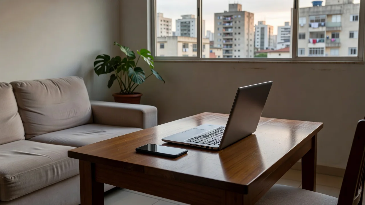 Smartphone e notebook em sala brasileira simbolizando apostas online