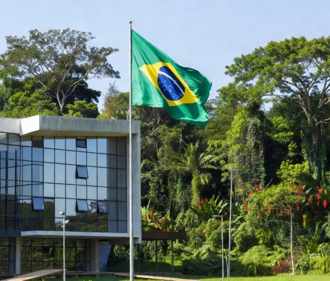 Prédio do Ministério Público Eleitoral em Rondônia com bandeira brasileira