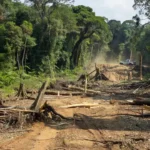 Área desmatada na Amazônia com viatura da Polícia Federal em operação