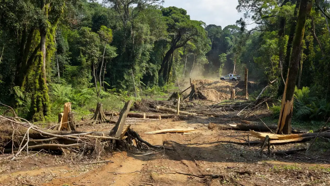 Área desmatada na Amazônia com viatura da Polícia Federal em operação