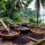 Tigelas de açaí e frutos frescos em cenário amazônico de Porto Velho