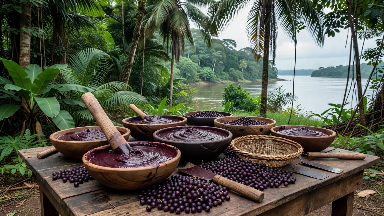 Tigelas de açaí e frutos frescos em cenário amazônico de Porto Velho