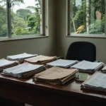 Escritório do INSS em Porto Velho com documentos e RG infantil sobre mesa