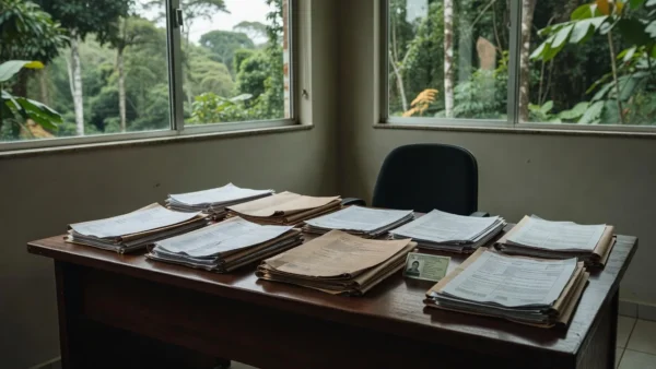 Escritório do INSS em Porto Velho com documentos e RG infantil sobre mesa