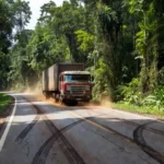 Rodovia BR-319 com carreta e vegetação amazônica