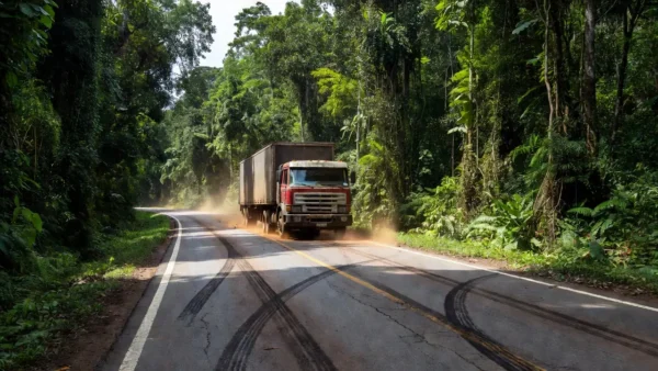 Rodovia BR-319 com carreta e vegetação amazônica