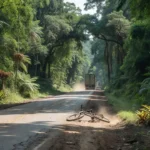 Cena de acidente na BR-319 com bicicleta caída e carreta em fuga