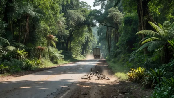 Cena de acidente na BR-319 com bicicleta caída e carreta em fuga