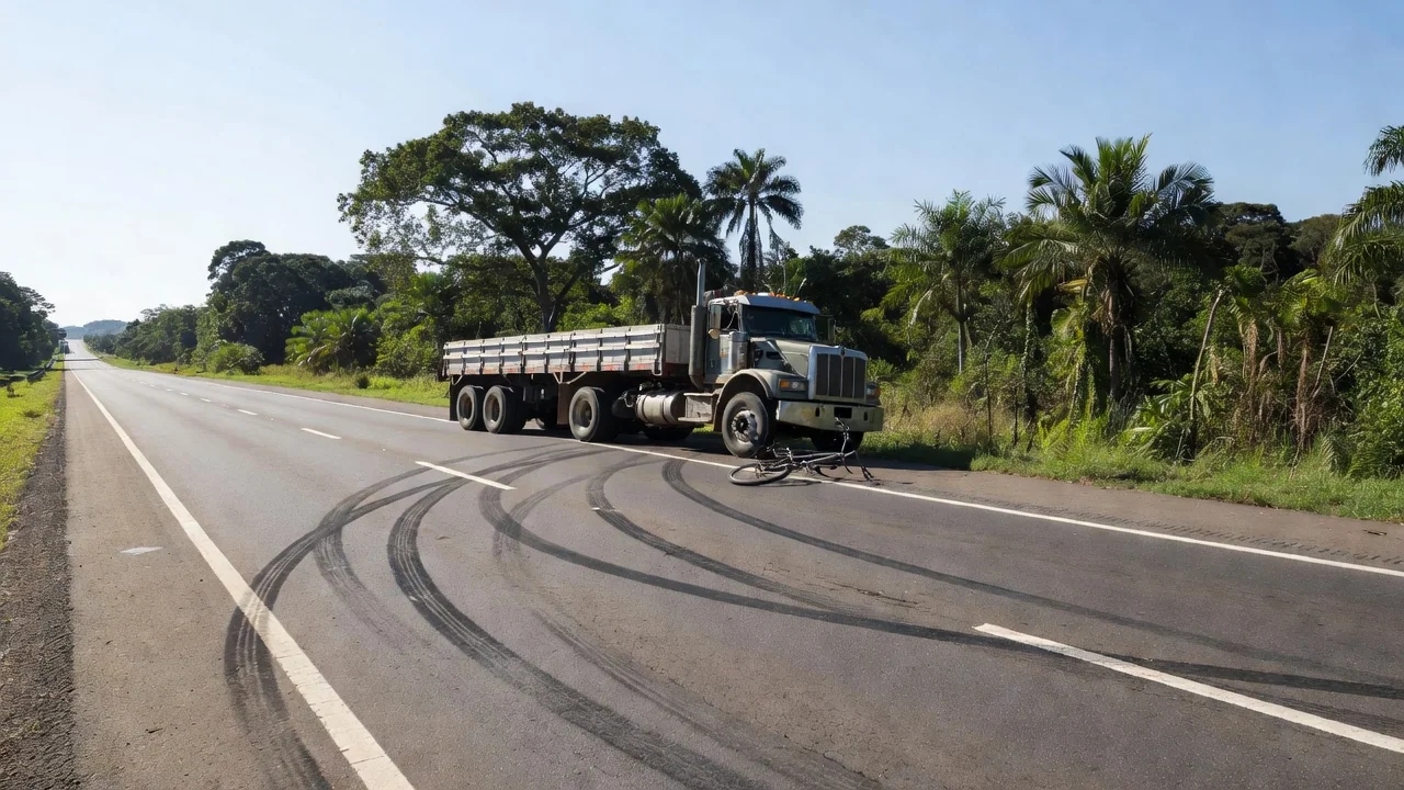 Acidente na BR-364 em Ariquemes com caminhão e bicicleta na estrada