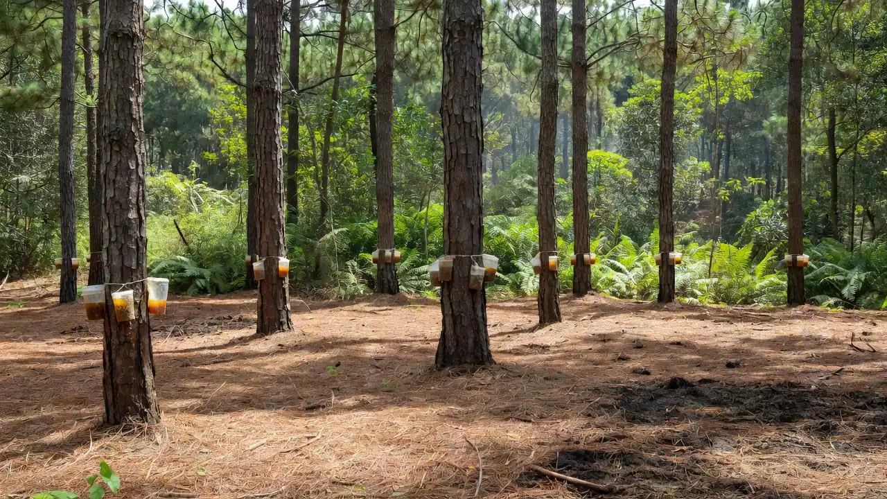 Extração sustentável de resina de pinus em plantação em Vilhena, Rondônia