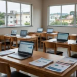 Sala de treinamento do Sebrae em Vilhena com materiais de gestão financeira e marketing