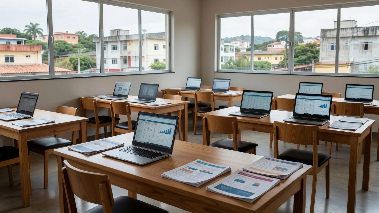 Sala de treinamento do Sebrae em Vilhena com materiais de gestão financeira e marketing