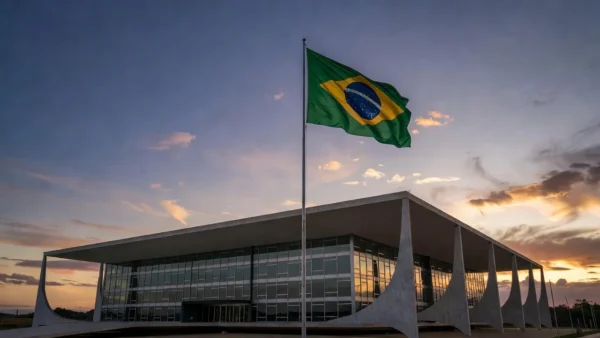 Fachada do STF em Brasília com bandeira brasileira, simbolizando liberdade de expressão