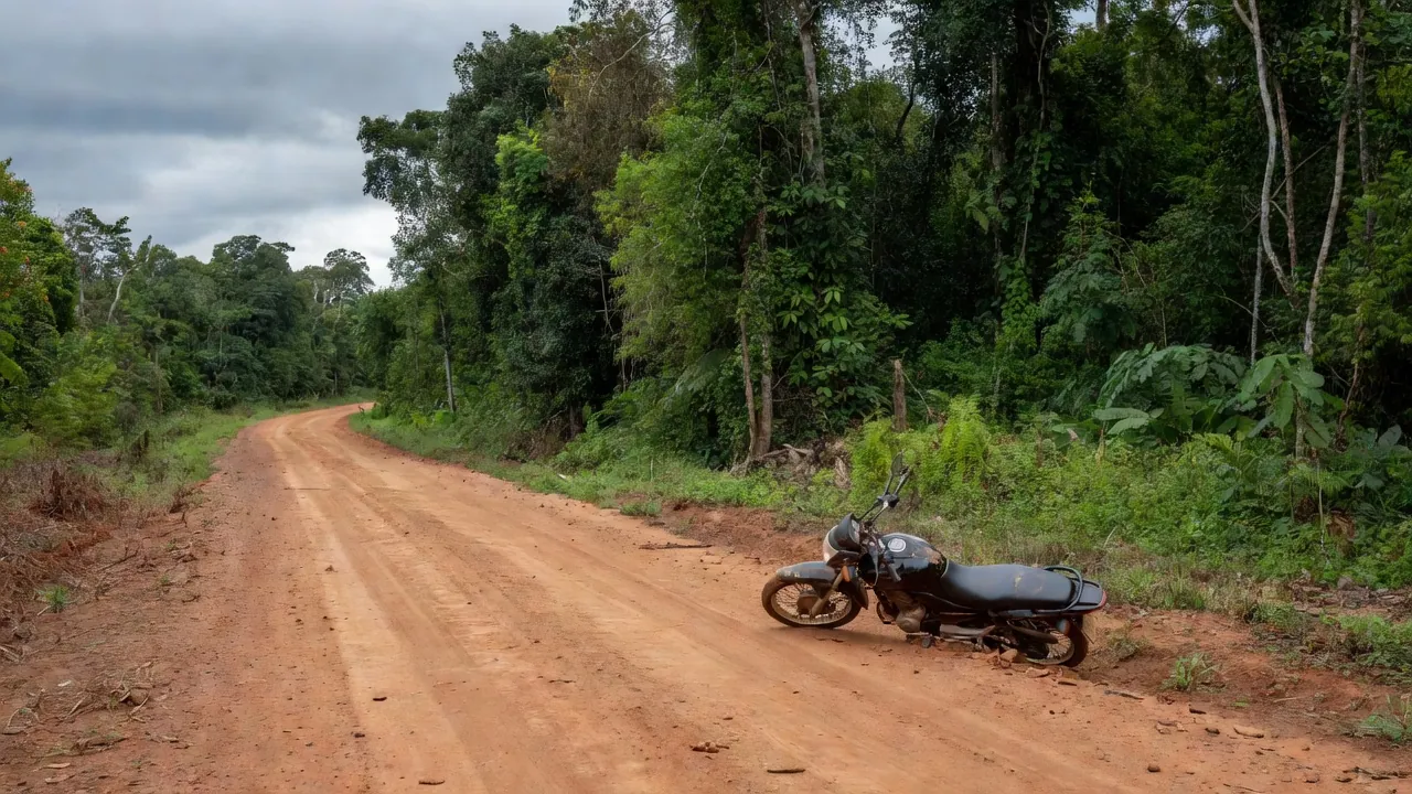 Estrada rural em Rondônia com moto acidentada após grave acidente de servidor de Corumbiara internado em Vilhena