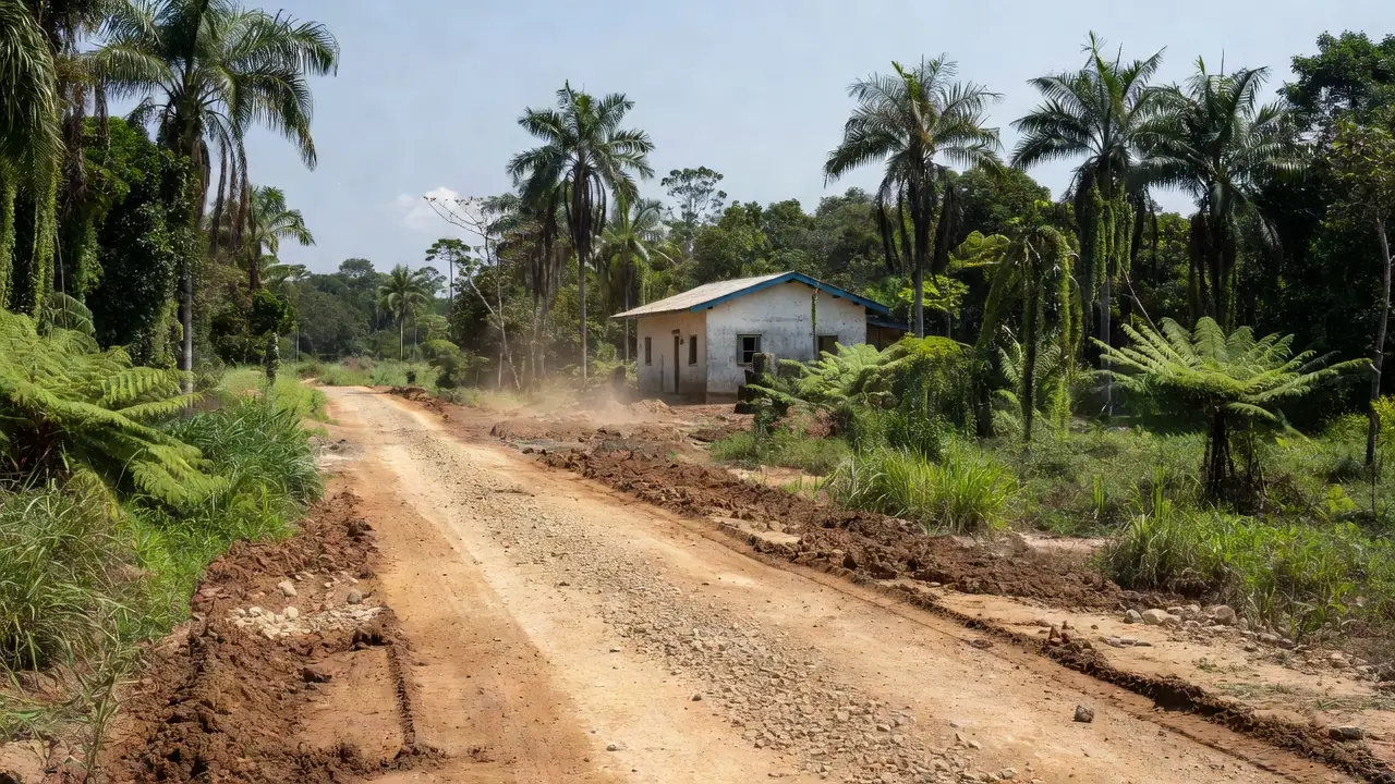 Estrada em construção e posto de saúde em Colorado do Oeste, Rondônia