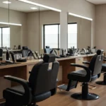Interior de barbearia moderna em Vilhena com várias estações de trabalho