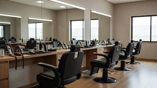 Interior de barbearia moderna em Vilhena com várias estações de trabalho