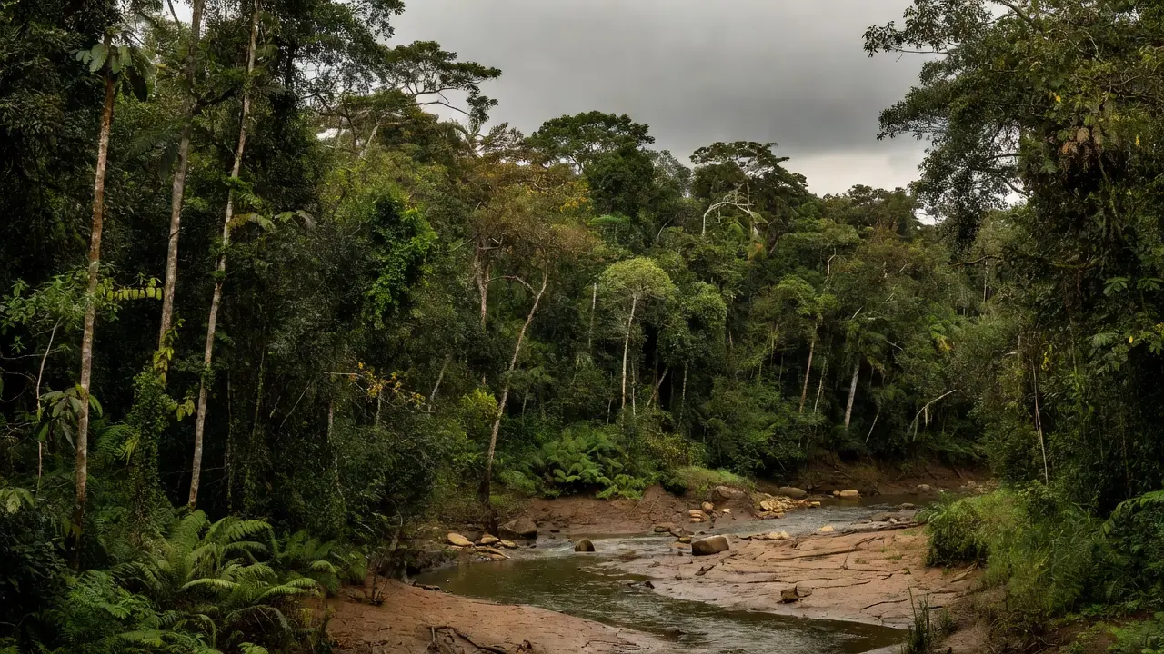 Floresta amazônica em Rondônia com rio baixo durante seca do El Niño