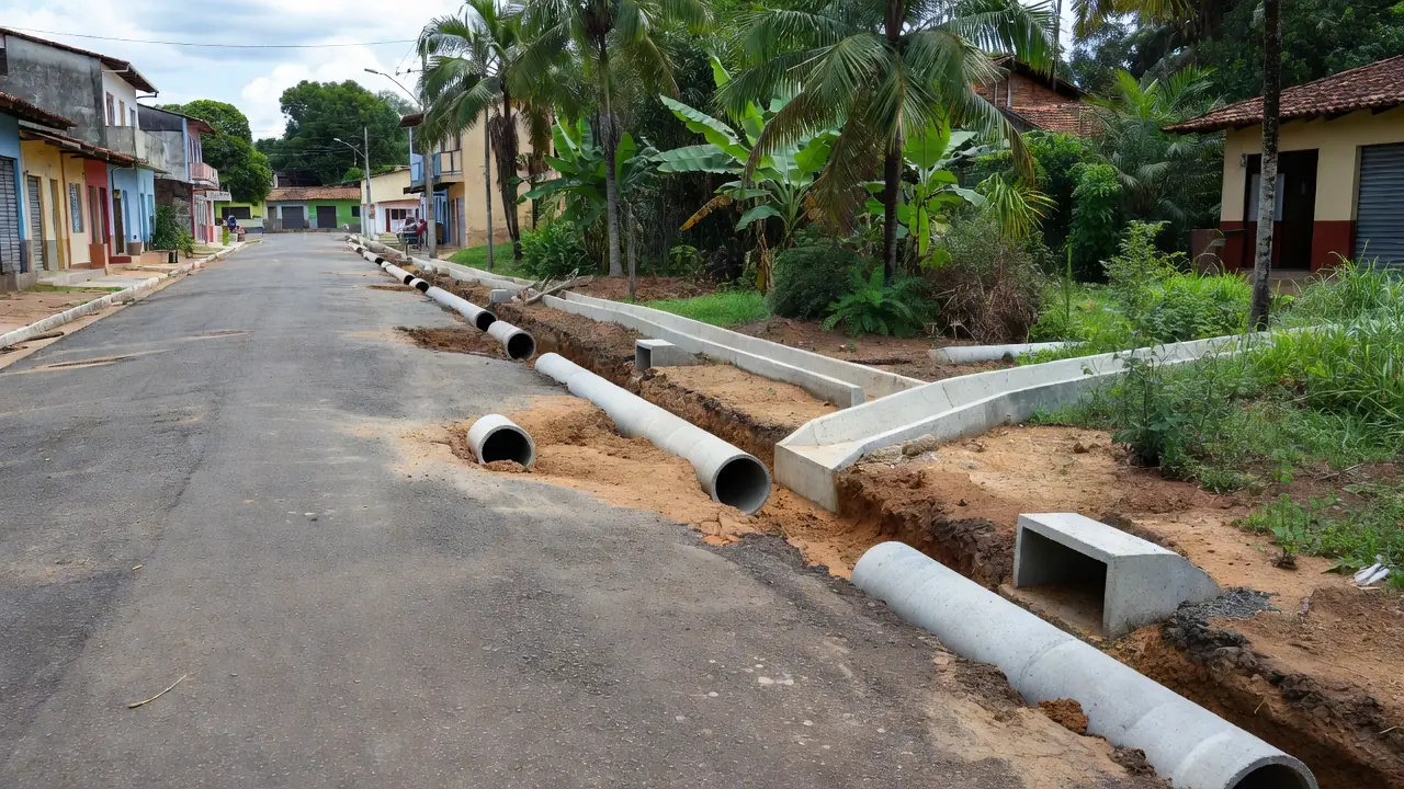 Obras de saneamento e drenagem em rua de Vilhena, Rondônia
