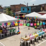 Festa de Dia das Crianças do Projeto Girassol no Bairro Assossete com decorações coloridas