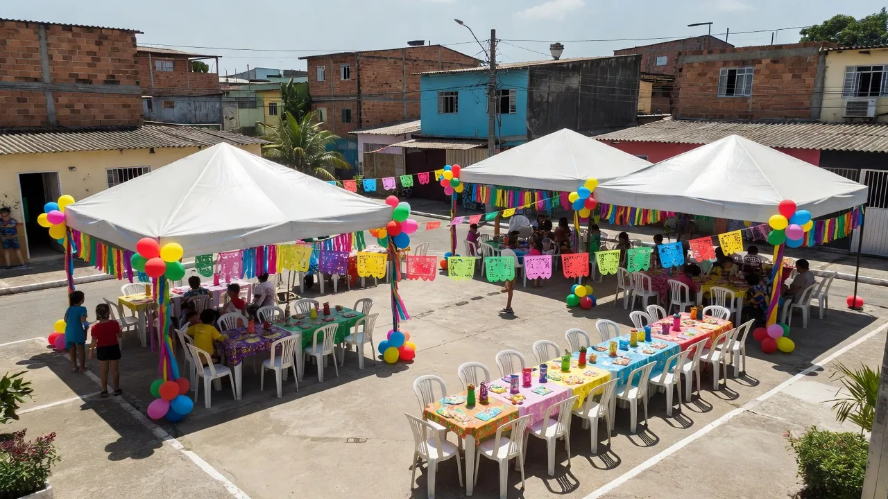 Festa de Dia das Crianças do Projeto Girassol no Bairro Assossete com decorações coloridas