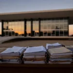 Edifício do STF em Brasília com documentos judiciais sobre apuração de vazamentos