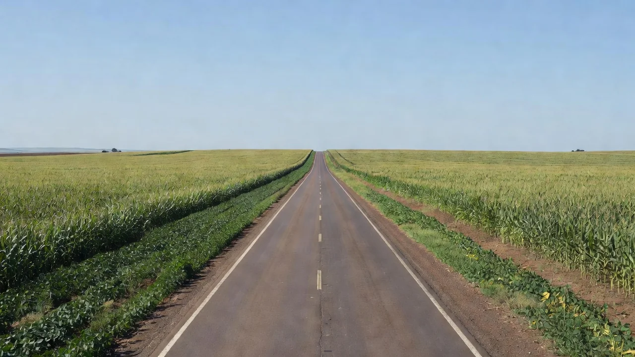 Rodovia da Rota Agro Central entre Cuiabá e Vilhena em área agrícola