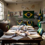 Sede de campanha política brasileira em crise com materiais espalhados