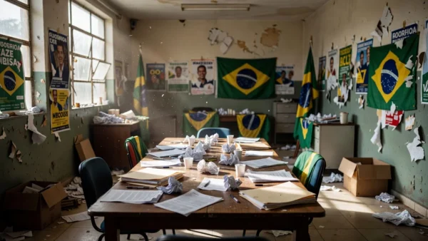 Sede de campanha política brasileira em crise com materiais espalhados