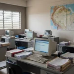 Escritório do Detran-RO com documentos e computadores para emissão de CNH em Rondônia