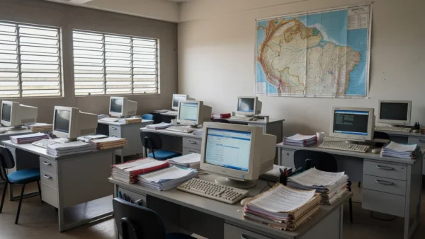 Escritório do Detran-RO com documentos e computadores para emissão de CNH em Rondônia