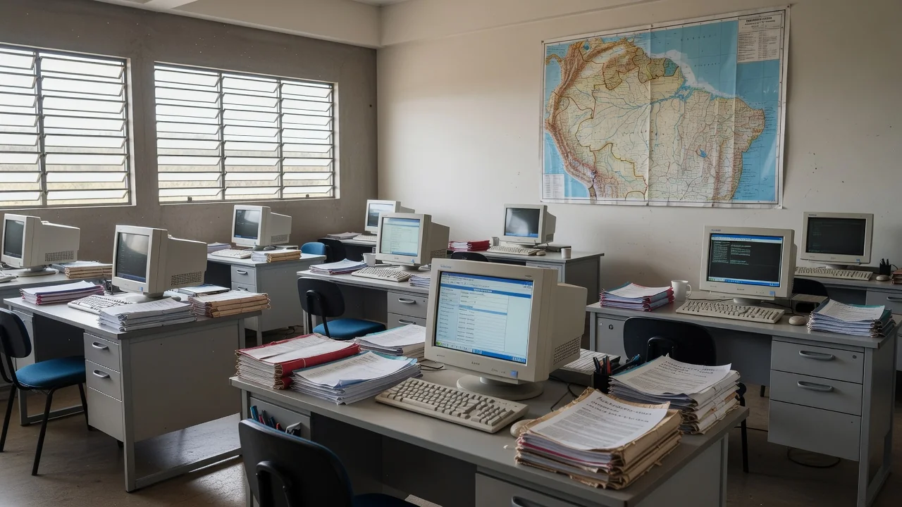 Escritório do Detran-RO com documentos e computadores para emissão de CNH em Rondônia