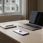 Smartphone em modo silencioso sobre mesa de trabalho em home office brasileiro
