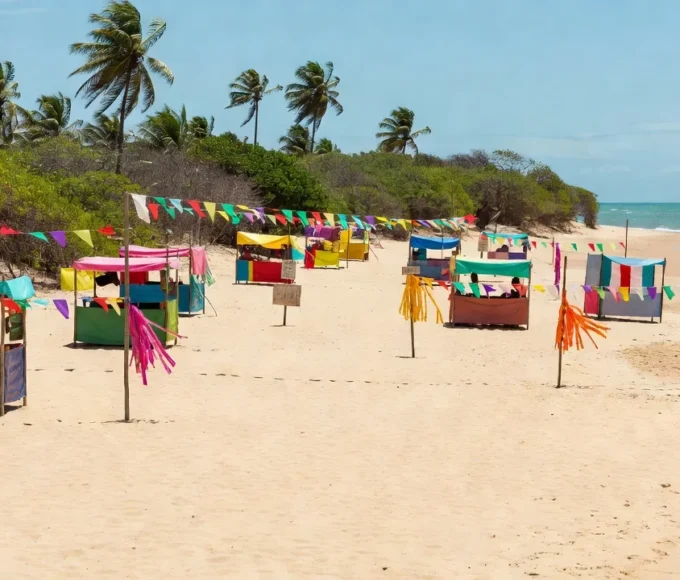 Festival de Praia de Pimenteiras com barracas e decorações na areia