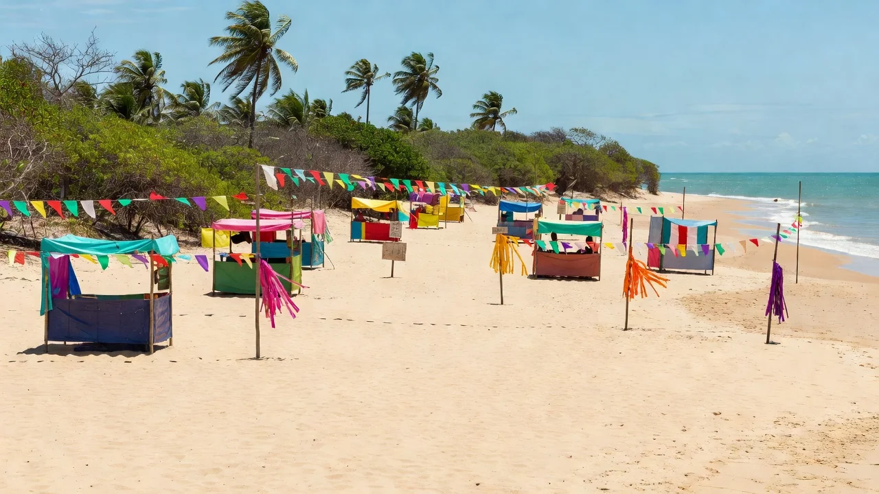 Festival de Praia de Pimenteiras com barracas e decorações na areia
