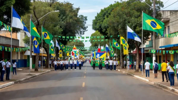 Desfile cívico de 7 de Setembro em Vilhena com bandeiras e escolas