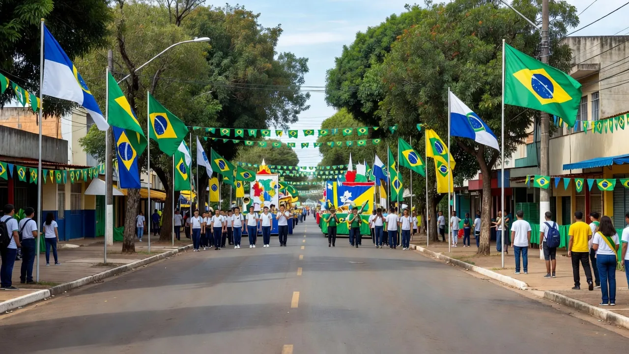 Desfile cívico de 7 de Setembro em Vilhena com bandeiras e escolas