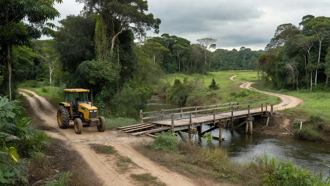 Trator agrícola parado ao lado de ponte danificada em área rural de Chupinguaia, Rondônia
