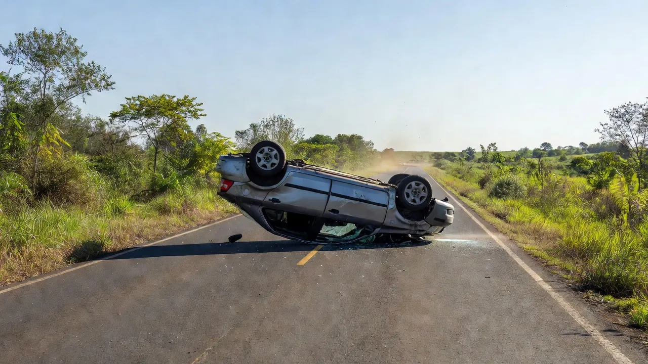 Carro capotado na rodovia entre Pimenteiras do Oeste e Corumbiara