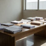 Cartório eleitoral com documentos representando investigação da PF sobre fundo eleitoral