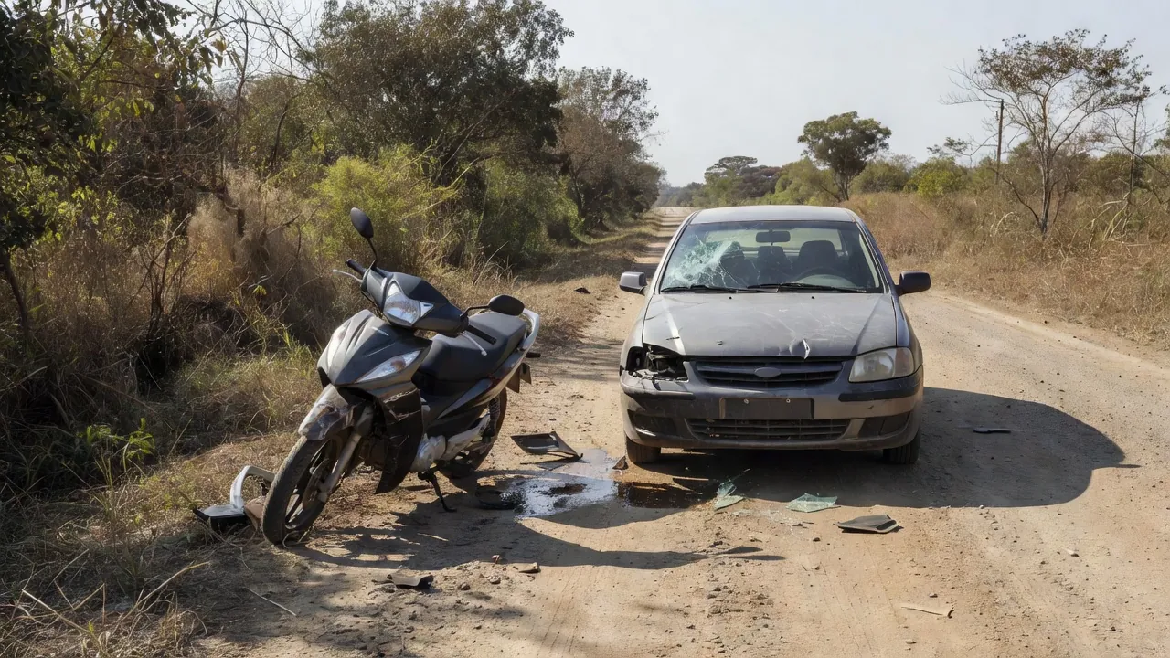 Colisão entre motoneta e carro na Linha 135 em Vilhena, veículos danificados na estrada rural.