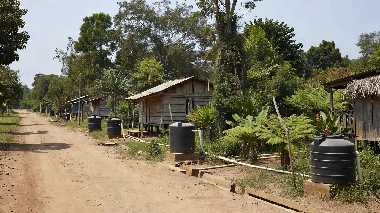 Comunidade rural indígena na Amazônia com sistema de saneamento básico