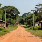 Distrito rural em Rondônia com casas simples, estradas de terra e vegetação amazônica sob luz natural