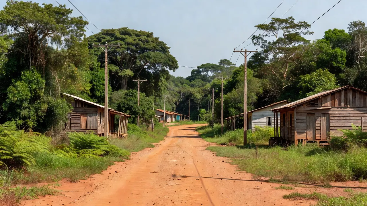 Distrito rural em Rondônia com casas simples, estradas de terra e vegetação amazônica sob luz natural