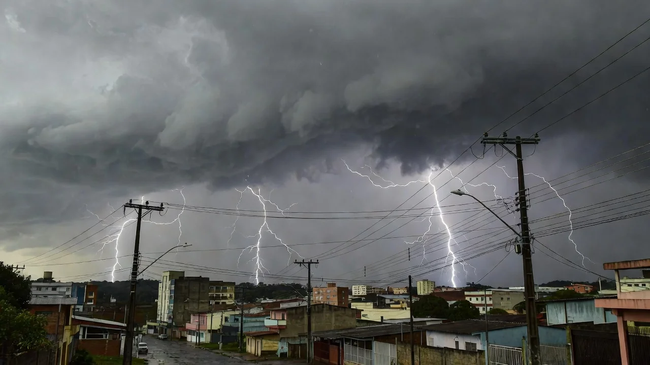 Raios sobre Vilhena durante recorde de descargas, com linhas de energia da Energisa