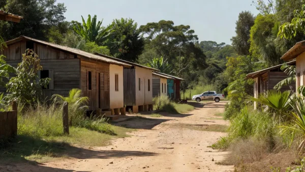 Rua em Chupinguaia, RO, com viatura da Polícia Civil em operação por posse ilegal de arma