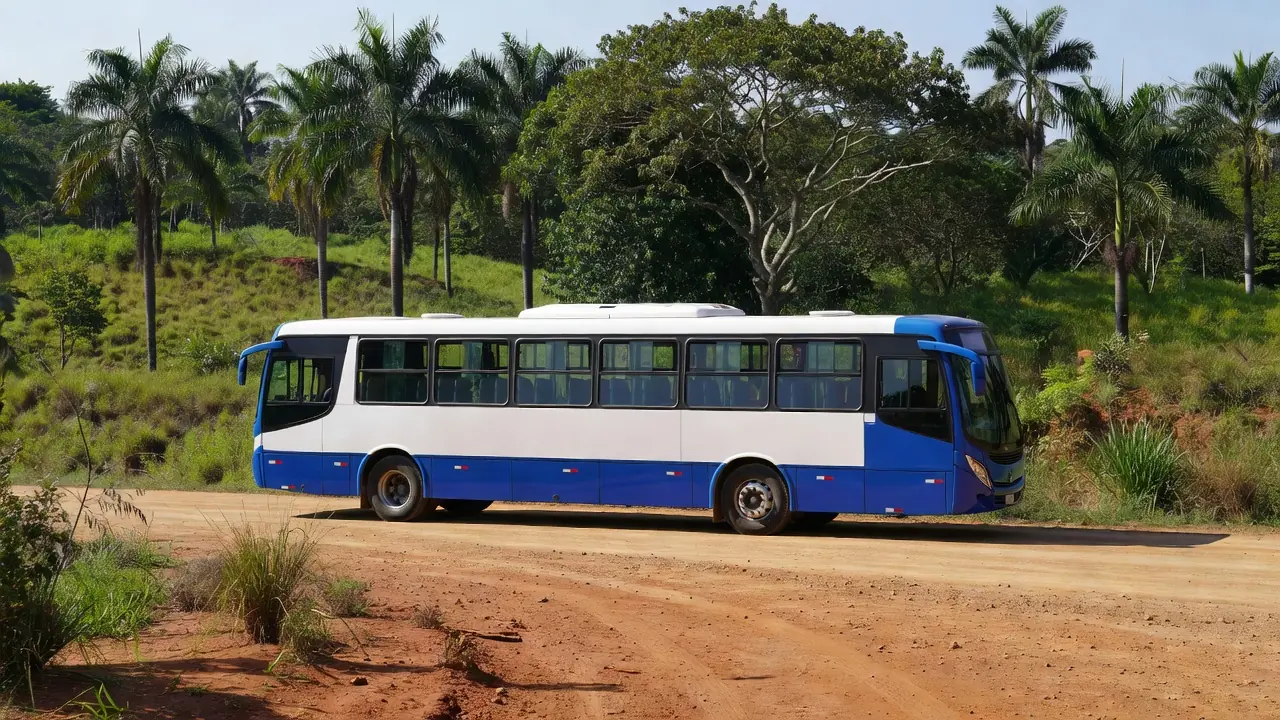 Ônibus zero km novo em Cabixi para transporte universitário, foto realista.