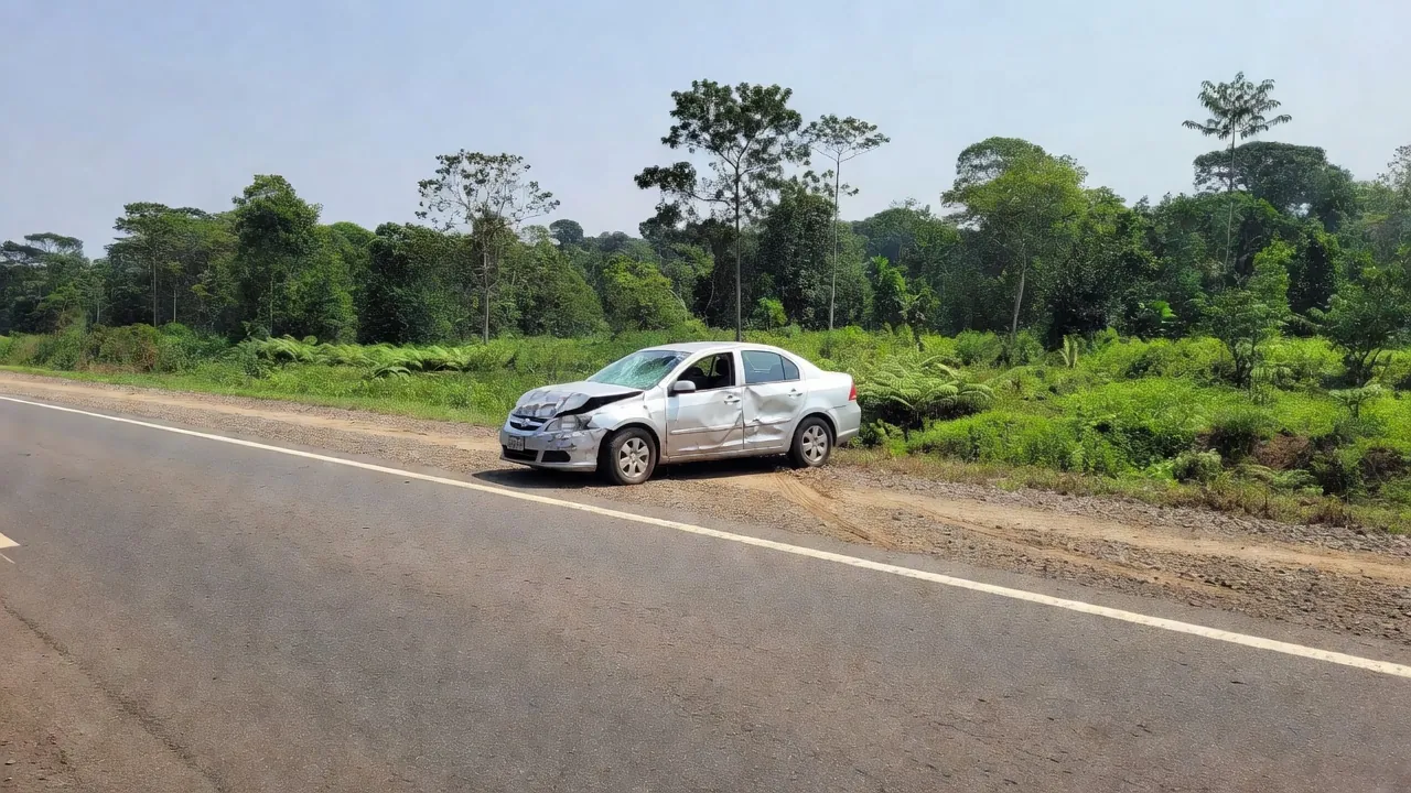 Acidente na BR-364 em Vilhena com veículo danificado na rodovia